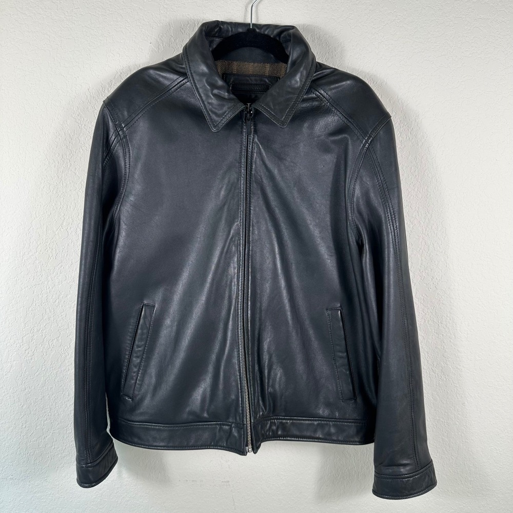 Calvin Klein Genuine Leather Jacket Mens L Black Full Zip Spread Collar Biker